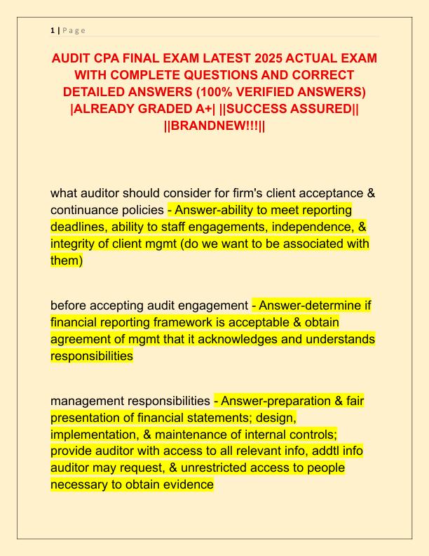 AUDIT CPA FINAL EXAM LATEST 2025 ACTUAL EXAM WITH COMPLETE QUESTIONS AND CORRECT DETAILED ANSWERS