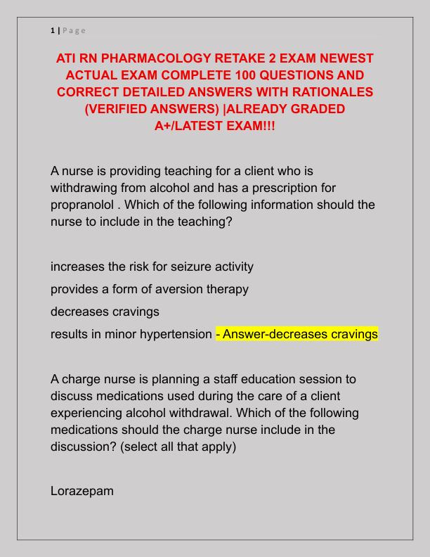 ATI RN PHARMACOLOGY RETAKE 2 EXAM NEWEST ACTUAL EXAM COMPLETE 100 QUESTIONS AND CORRECT DETAILED ANSWERS WITH RATIONALES