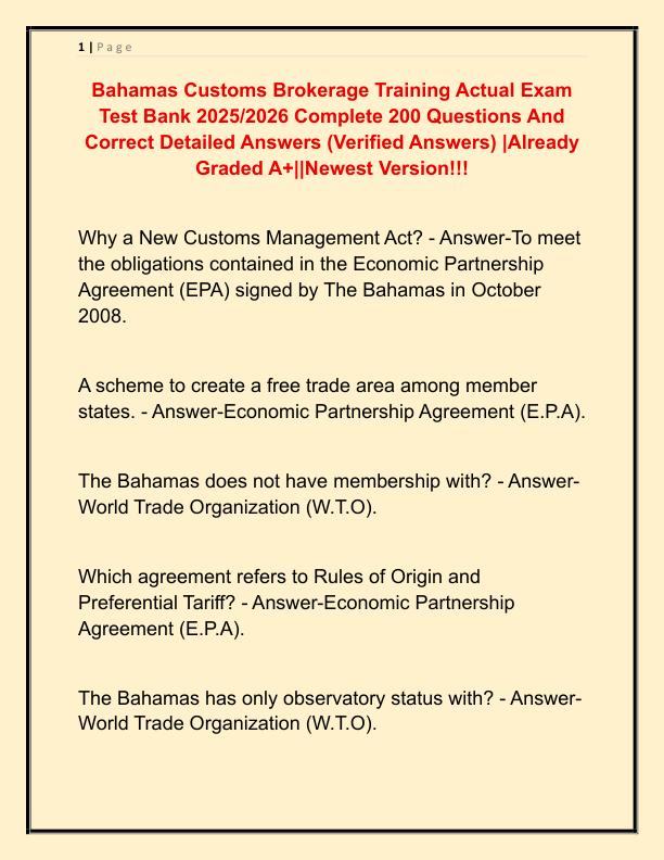 Bahamas Customs Brokerage Training Actual Exam Test Bank 2025