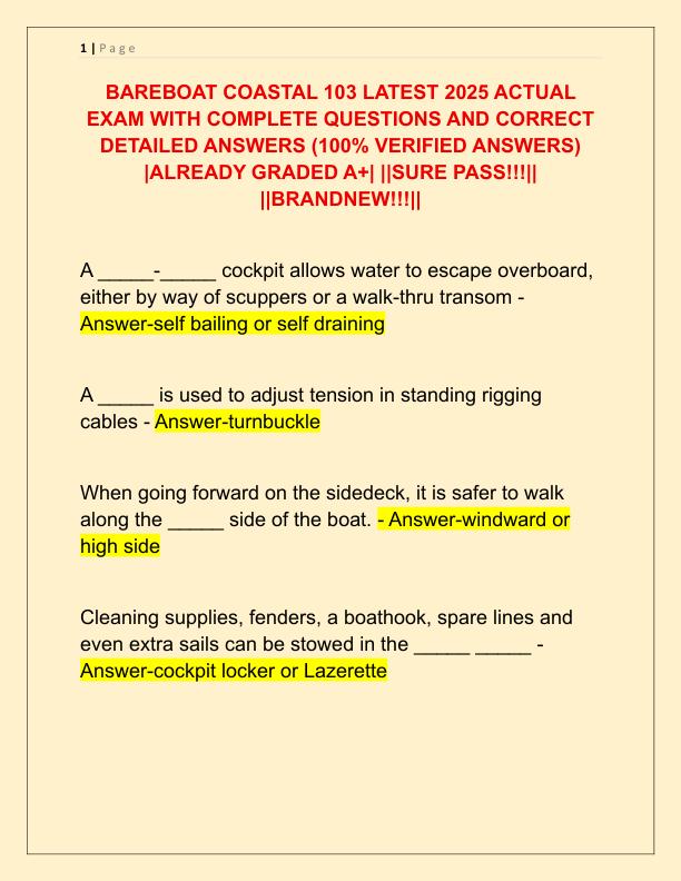 BAREBOAT COASTAL 103 LATEST 2025 ACTUAL EXAM WITH COMPLETE QUESTIONS AND CORRECT DETAILED ANSWERS