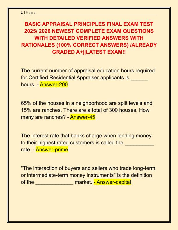 BASIC APPRAISAL PRINCIPLES FINAL EXAM TEST 2025