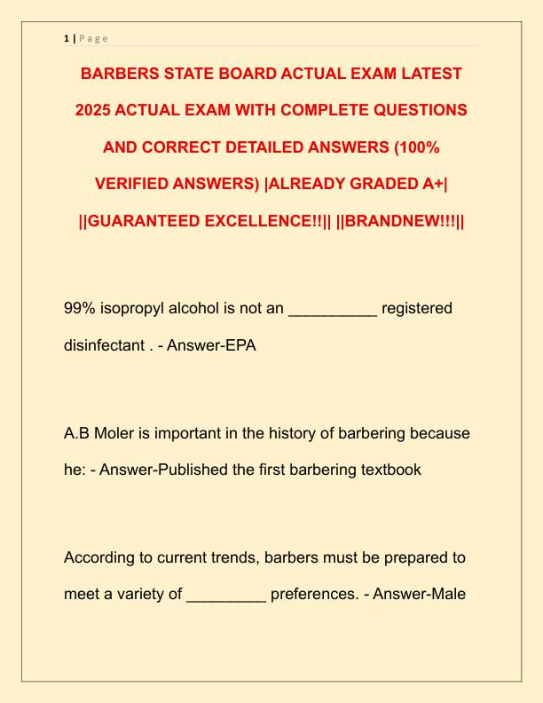 BARBERS STATE BOARD ACTUAL EXAM LATEST 2025 ACTUAL EXAM WITH COMPLETE QUESTIONS AND CORRECT DETAILED ANSWERS