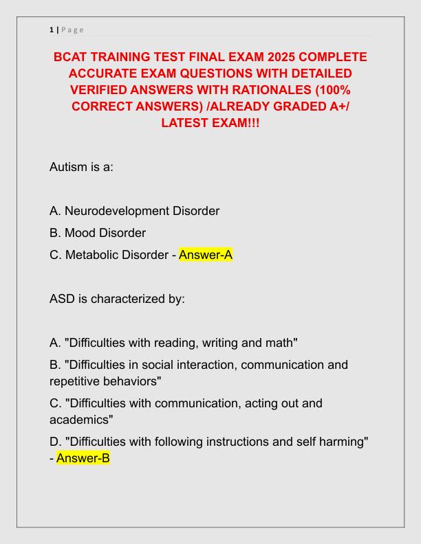 BCAT TRAINING TEST FINAL EXAM 2025 COMPLETE ACCURATE EXAM QUESTIONS WITH DETAILED VERIFIED ANSWERS WITH RATIONALES