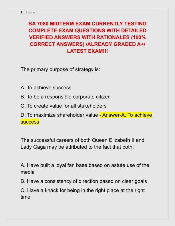 BA 7080 MIDTERM EXAM CURRENTLY TESTING COMPLETE EXAM QUESTIONS WITH DETAILED VERIFIED ANSWERS WITH RATIONALES