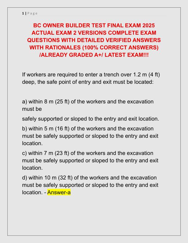 BC OWNER BUILDER TEST FINAL EXAM 2025 ACTUAL EXAM 2 VERSIONS COMPLETE EXAM QUESTIONS WITH DETAILED VERIFIED ANSWERS WITH RATIONALES