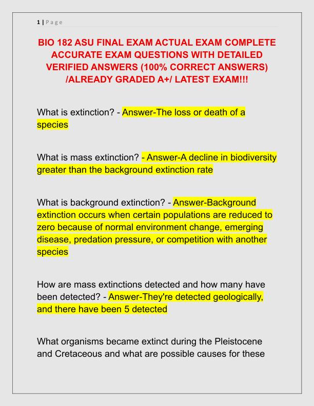 BIO 182 ASU FINAL EXAM ACTUAL EXAM COMPLETE ACCURATE EXAM QUESTIONS WITH DETAILED VERIFIED ANSWERS