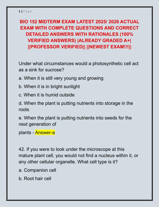 BIO 152 MIDTERM EXAM LATEST 2025