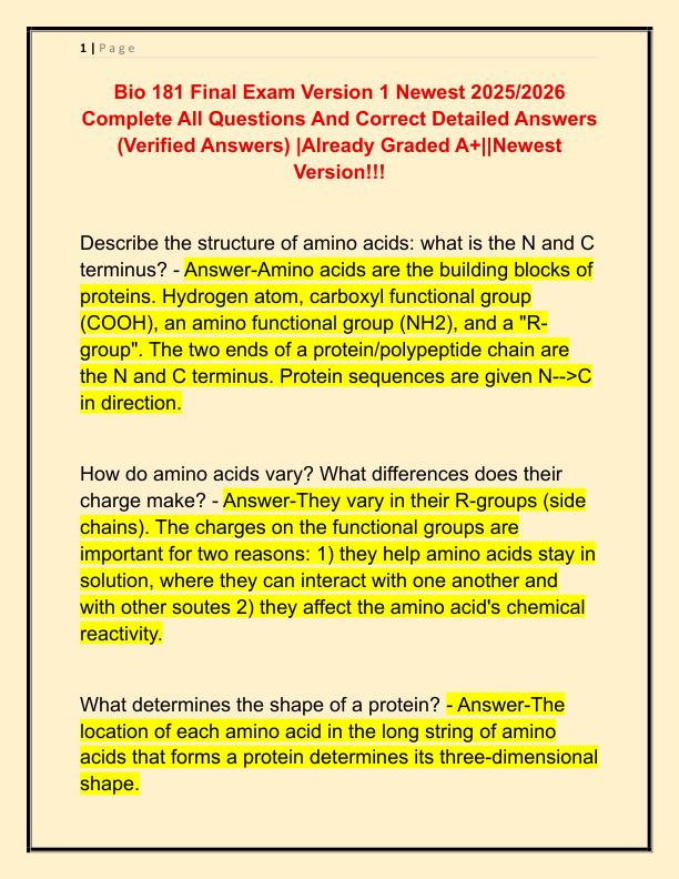 Bio 181 Final Exam Version 1 Newest 2025