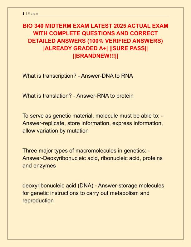BIO 340 MIDTERM EXAM LATEST 2025 ACTUAL EXAM WITH COMPLETE QUESTIONS AND CORRECT DETAILED ANSWERS