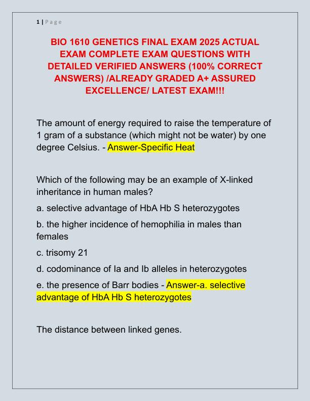 BIO 1610 GENETICS FINAL EXAM 2025 ACTUAL EXAM COMPLETE EXAM QUESTIONS WITH DETAILED VERIFIED ANSWERS