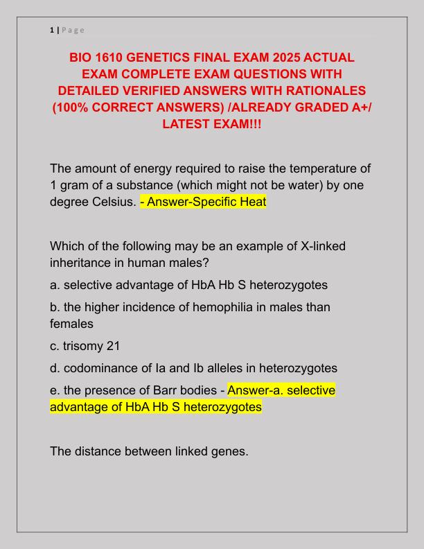 BIO 1610 GENETICS FINAL EXAM 2025 ACTUAL EXAM COMPLETE EXAM QUESTIONS WITH DETAILED VERIFIED ANSWERS WITH RATIONALES