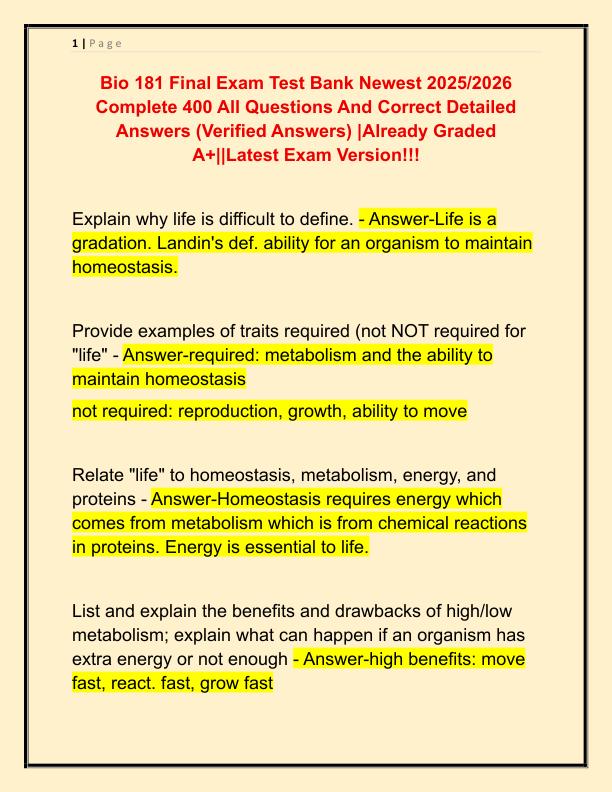 Bio 181 Final Exam Test Bank Newest 2025