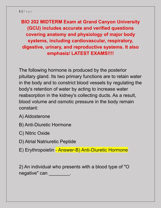 BIO 202 MIDTERM Exam at Grand Canyon University