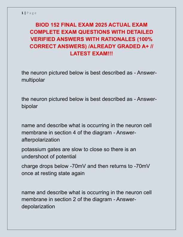 BIOD 152 FINAL EXAM 2025 ACTUAL EXAM COMPLETE EXAM QUESTIONS WITH DETAILED VERIFIED ANSWERS WITH RATIONALES