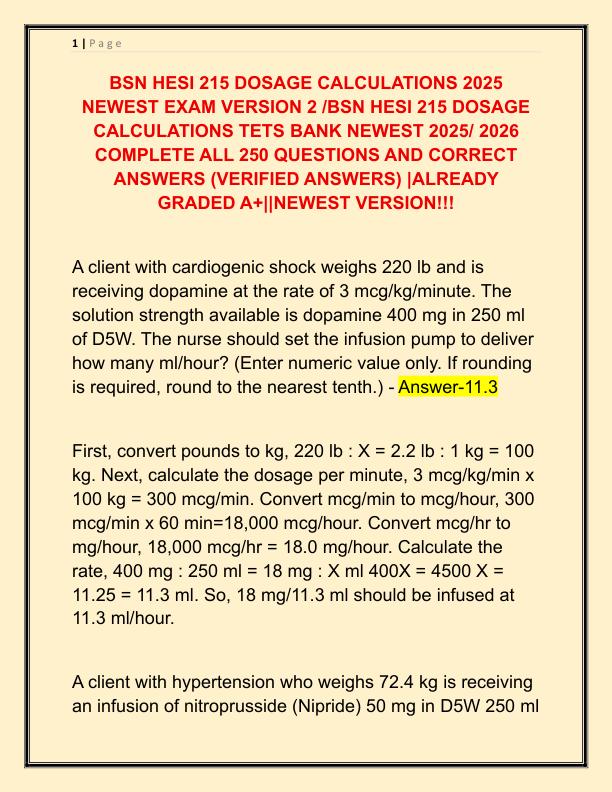 BSN HESI 215 DOSAGE CALCULATIONS 2025 NEWEST EXAM VERSION 2