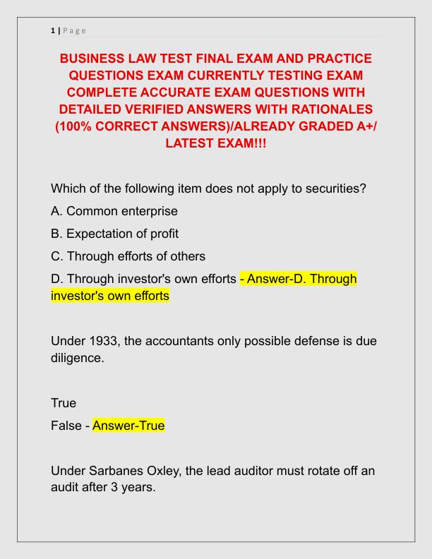 BUSINESS LAW TEST FINAL EXAM AND PRACTICE QUESTIONS EXAM CURRENTLY TESTING EXAM COMPLETE ACCURATE EXAM QUESTIONS WITH DETAILED VERIFIED ANSWERS WITH RATIONALES
