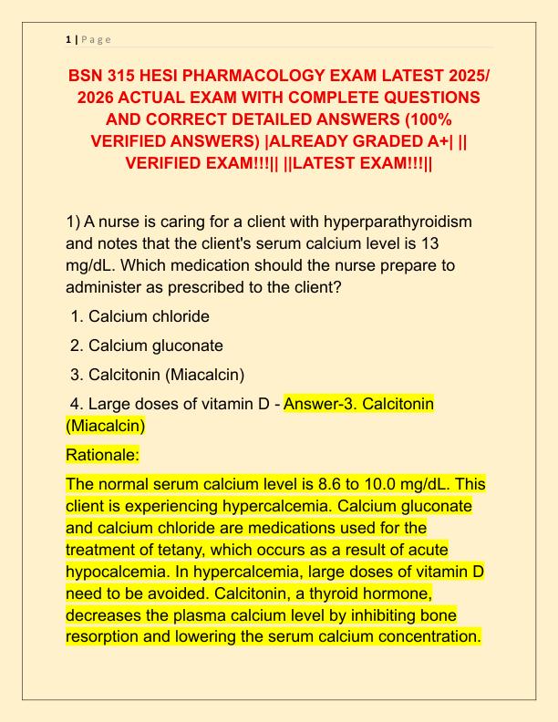 BSN 315 HESI PHARMACOLOGY EXAM LATEST 2025