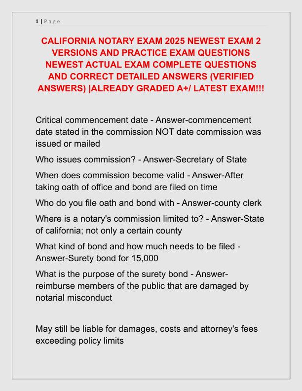 CALIFORNIA NOTARY EXAM 2025 NEWEST EXAM 2 VERSIONS AND PRACTICE EXAM QUESTIONS NEWEST ACTUAL EXAM COMPLETE QUESTIONS AND CORRECT DETAILED ANSWERS
