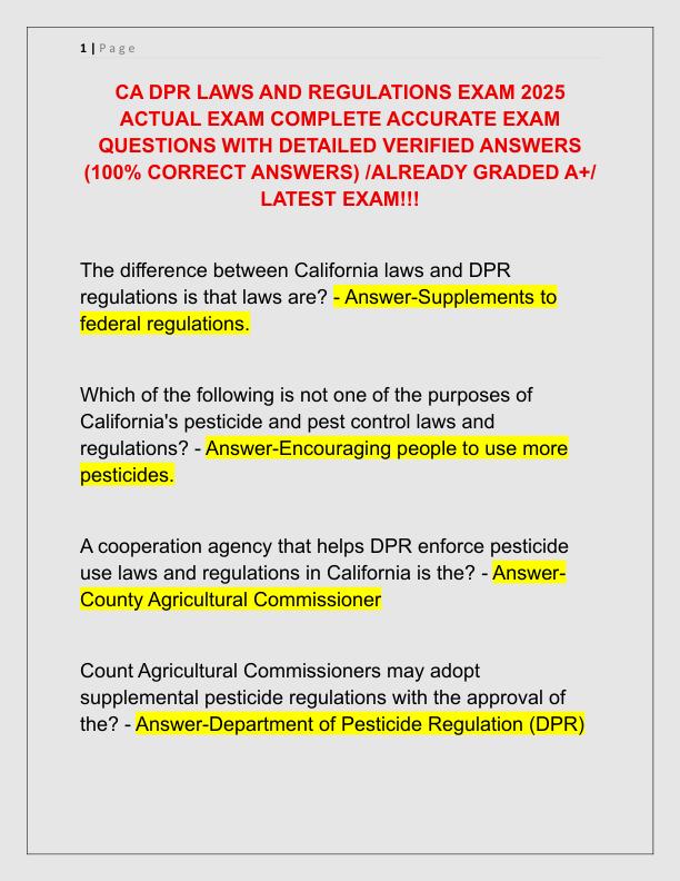 CA DPR LAWS AND REGULATIONS EXAM 2025 ACTUAL EXAM COMPLETE ACCURATE EXAM QUESTIONS WITH DETAILED VERIFIED ANSWERS