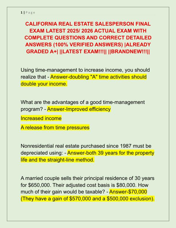 CALIFORNIA REAL ESTATE SALESPERSON FINAL EXAM LATEST 2025