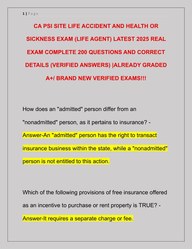 CA PSI SITE LIFE ACCIDENT AND HEALTH OR SICKNESS EXAM