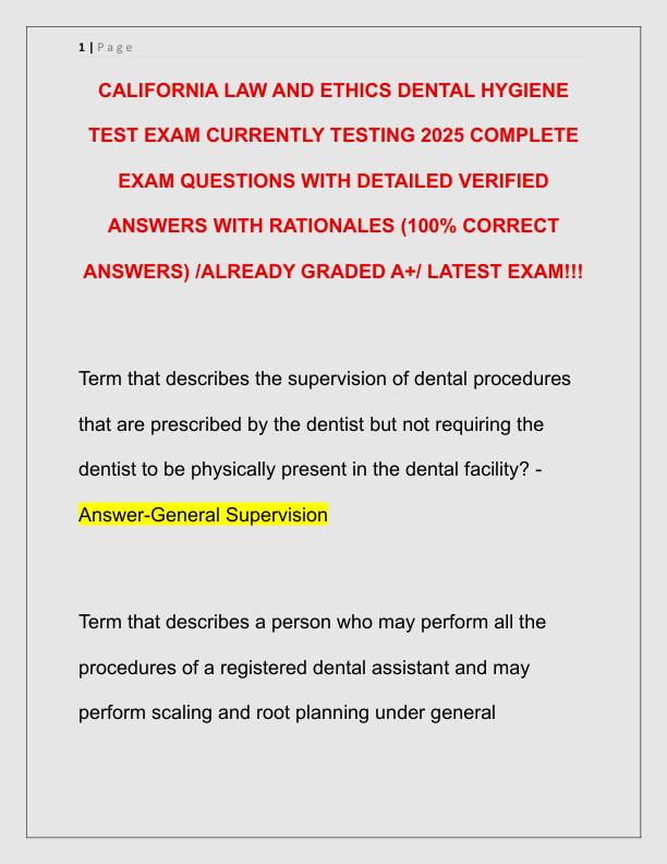 CALIFORNIA LAW AND ETHICS DENTAL HYGIENE TEST EXAM CURRENTLY TESTING 2025 COMPLETE EXAM QUESTIONS WITH DETAILED VERIFIED ANSWERS WITH RATIONALES