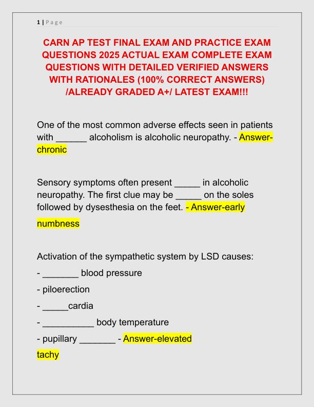 CARN AP TEST FINAL EXAM AND PRACTICE EXAM QUESTIONS 2025 ACTUAL EXAM COMPLETE EXAM QUESTIONS WITH DETAILED VERIFIED ANSWERS WITH RATIONALES