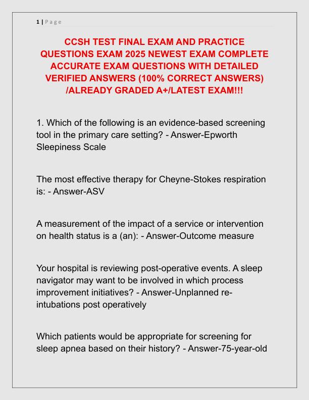 CCSH TEST FINAL EXAM AND PRACTICE QUESTIONS EXAM 2025 NEWEST EXAM COMPLETE ACCURATE EXAM QUESTIONS WITH DETAILED VERIFIED ANSWERS
