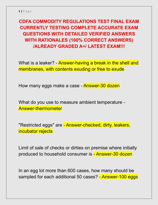 CDFA COMMODITY REGULATIONS TEST FINAL EXAM CURRENTLY TESTING COMPLETE ACCURATE EXAM QUESTIONS WITH DETAILED VERIFIED ANSWERS WITH RATIONALES