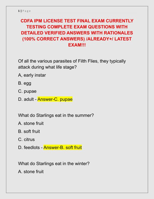 CDFA IPM LICENSE TEST FINAL EXAM CURRENTLY TESTING COMPLETE EXAM QUESTIONS WITH DETAILED VERIFIED ANSWERS WITH RATIONALES