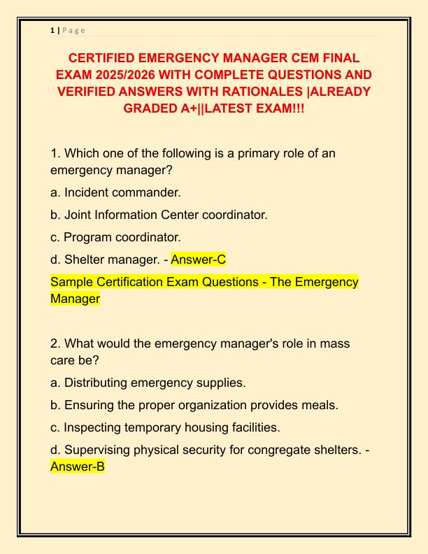 CERTIFIED EMERGENCY MANAGER CEM FINAL EXAM 2025