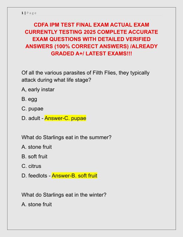 CDFA IPM TEST FINAL EXAM ACTUAL EXAM CURRENTLY TESTING 2025 COMPLETE ACCURATE EXAM QUESTIONS WITH DETAILED VERIFIED ANSWERS