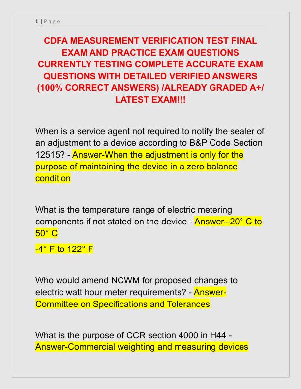 CDFA MEASUREMENT VERIFICATION TEST FINAL EXAM AND PRACTICE EXAM QUESTIONS CURRENTLY TESTING COMPLETE ACCURATE EXAM QUESTIONS WITH DETAILED VERIFIED ANSWERS