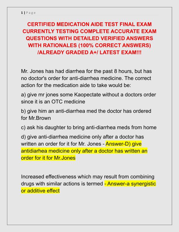 CERTIFIED MEDICATION AIDE TEST FINAL EXAM CURRENTLY TESTING COMPLETE ACCURATE EXAM QUESTIONS WITH DETAILED VERIFIED ANSWERS WITH RATIONALES