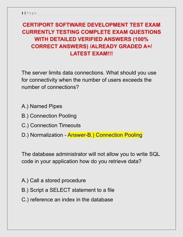 CERTIPORT SOFTWARE DEVELOPMENT TEST EXAM CURRENTLY TESTING COMPLETE EXAM QUESTIONS WITH DETAILED VERIFIED ANSWERS