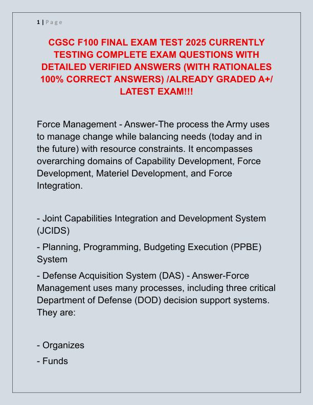 CGSC F100 FINAL EXAM TEST 2025 CURRENTLY TESTING COMPLETE EXAM QUESTIONS WITH DETAILED VERIFIED ANSWERS