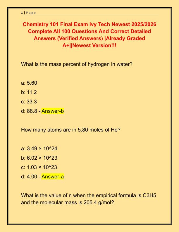 Chemistry 101 Final Exam Ivy Tech Newest 2025