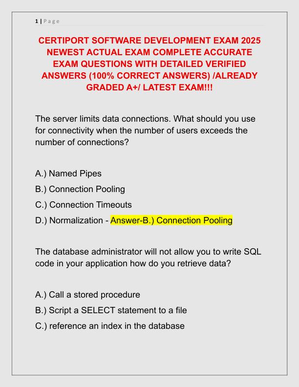 CERTIPORT SOFTWARE DEVELOPMENT EXAM 2025 NEWEST ACTUAL EXAM COMPLETE ACCURATE EXAM QUESTIONS WITH DETAILED VERIFIED ANSWERS