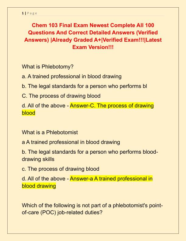 Chem 103 Final Exam Newest Complete All 100 Questions And Correct Detailed Answers