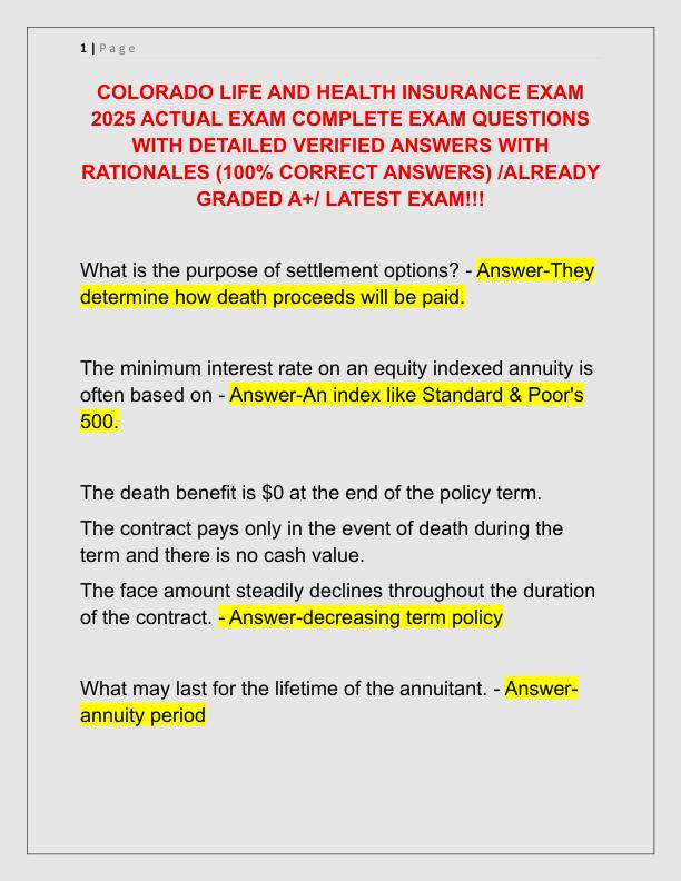 COLORADO LIFE AND HEALTH INSURANCE EXAM 2025 ACTUAL EXAM COMPLETE EXAM QUESTIONS WITH DETAILED VERIFIED ANSWERS WITH RATIONALES