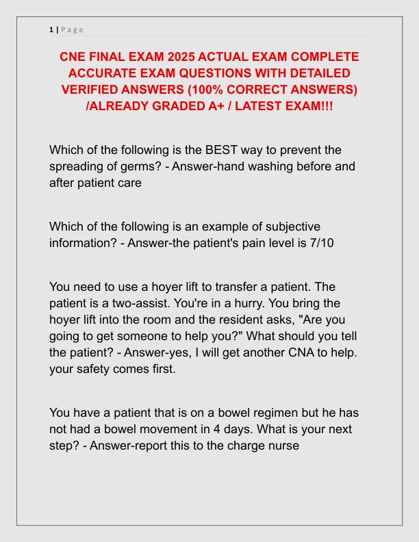 CNE FINAL EXAM 2025 ACTUAL EXAM COMPLETE ACCURATE EXAM QUESTIONS WITH DETAILED VERIFIED ANSWERS