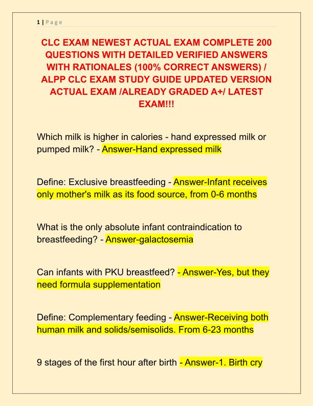 CLC EXAM NEWEST ACTUAL EXAM COMPLETE 200 QUESTIONS WITH DETAILED VERIFIED ANSWERS WITH RATIONALES
