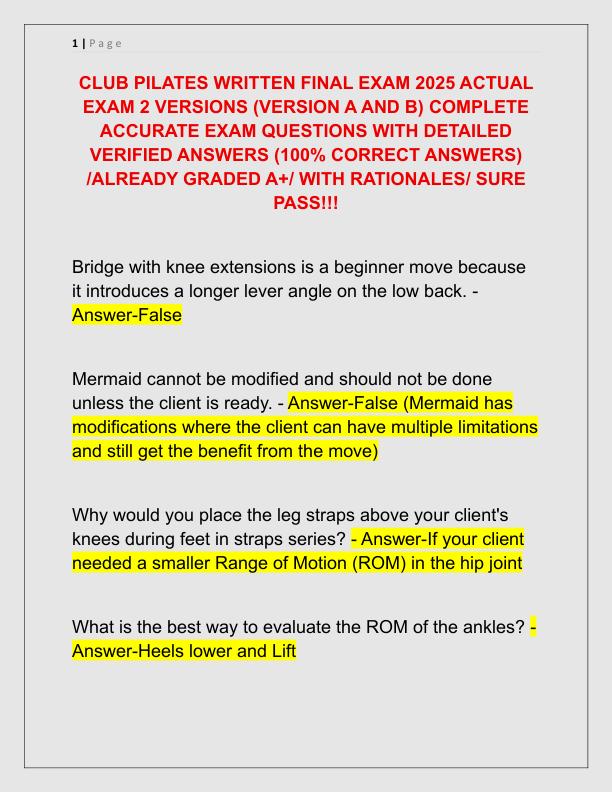 CLUB PILATES WRITTEN FINAL EXAM 2025 ACTUAL EXAM 2 VERSIONS