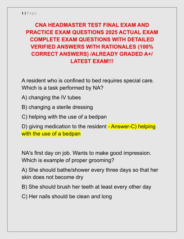 CNA HEADMASTER TEST FINAL EXAM AND PRACTICE EXAM QUESTIONS 2025 ACTUAL EXAM COMPLETE EXAM QUESTIONS WITH DETAILED VERIFIED ANSWERS WITH RATIONALES