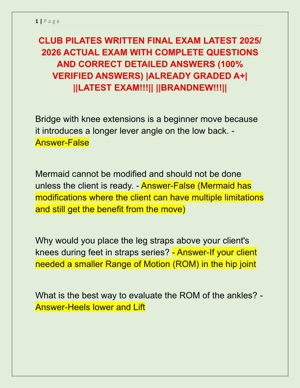 CLUB PILATES WRITTEN FINAL EXAM LATEST 2025