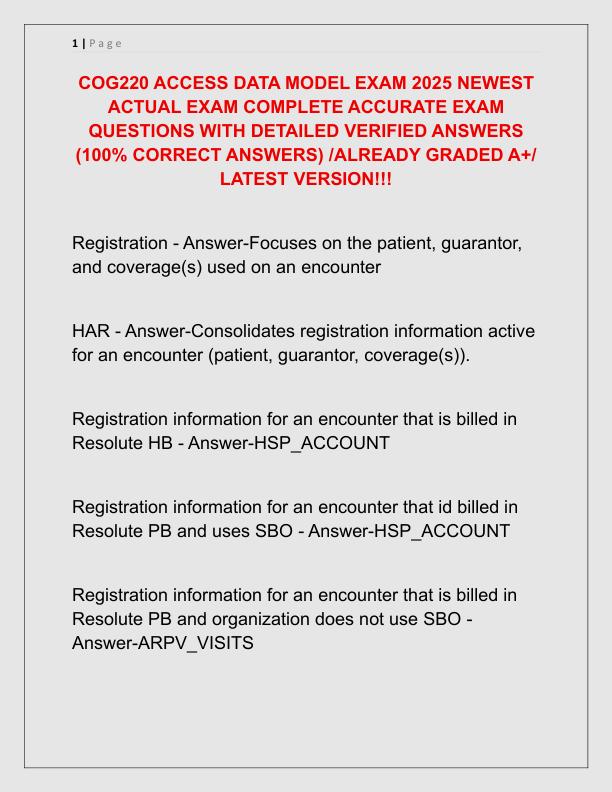 COG220 ACCESS DATA MODEL EXAM 2025 NEWEST ACTUAL EXAM COMPLETE ACCURATE EXAM QUESTIONS WITH DETAILED VERIFIED ANSWERS