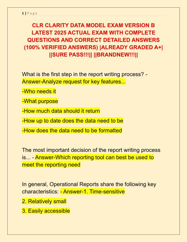 CLR CLARITY DATA MODEL EXAM VERSION B LATEST 2025 ACTUAL EXAM WITH COMPLETE QUESTIONS AND CORRECT DETAILED ANSWERS