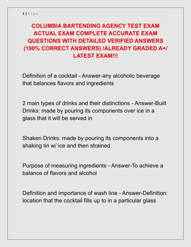 COLUMBIA BARTENDING AGENCY TEST EXAM ACTUAL EXAM COMPLETE ACCURATE EXAM QUESTIONS WITH DETAILED VERIFIED ANSWERS