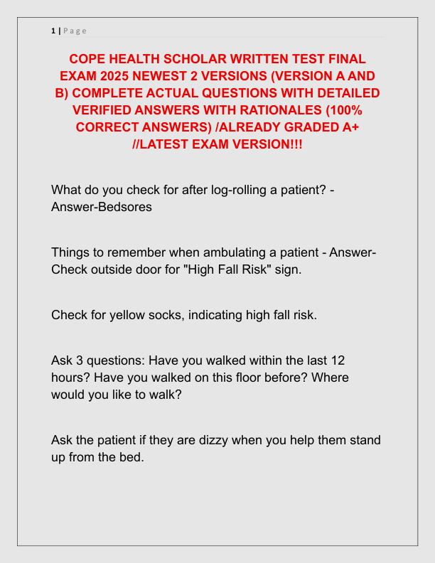 COPE HEALTH SCHOLAR WRITTEN TEST FINAL EXAM 2025 NEWEST 2 VERSIONS