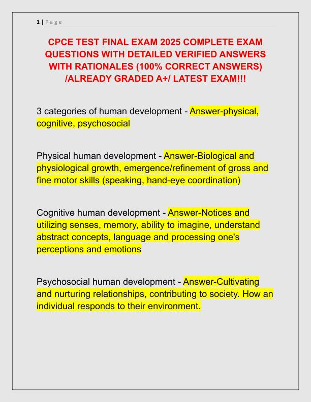CPCE TEST FINAL EXAM 2025 COMPLETE EXAM QUESTIONS WITH DETAILED VERIFIED ANSWERS WITH RATIONALES